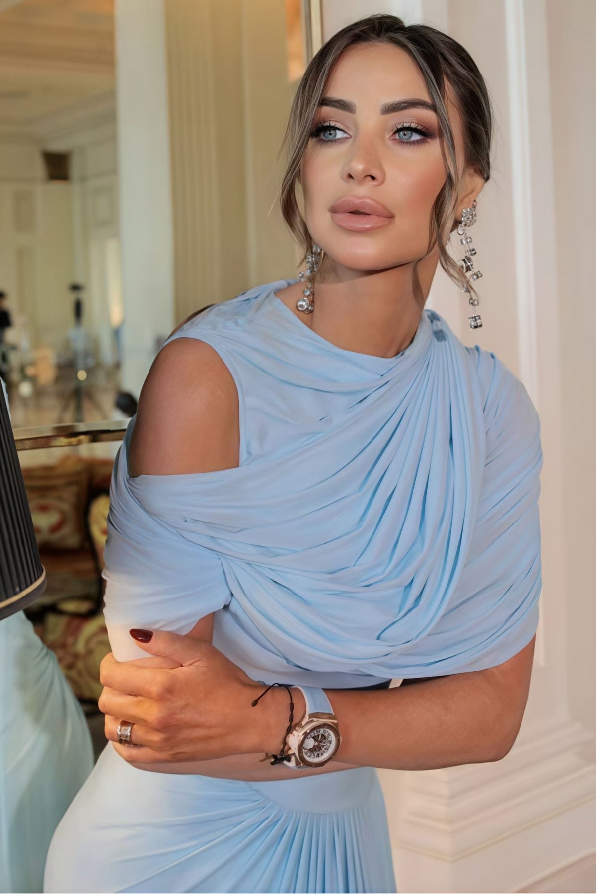 SOKYND Caprice Shawl Collar Ruffle Maxi Dress DressesJw1774526245051202096Light BlueL