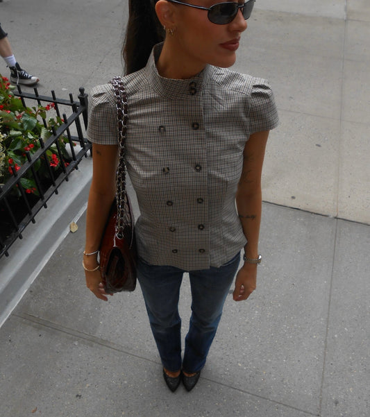 Carla High Neck Plaid Fitted Blouse