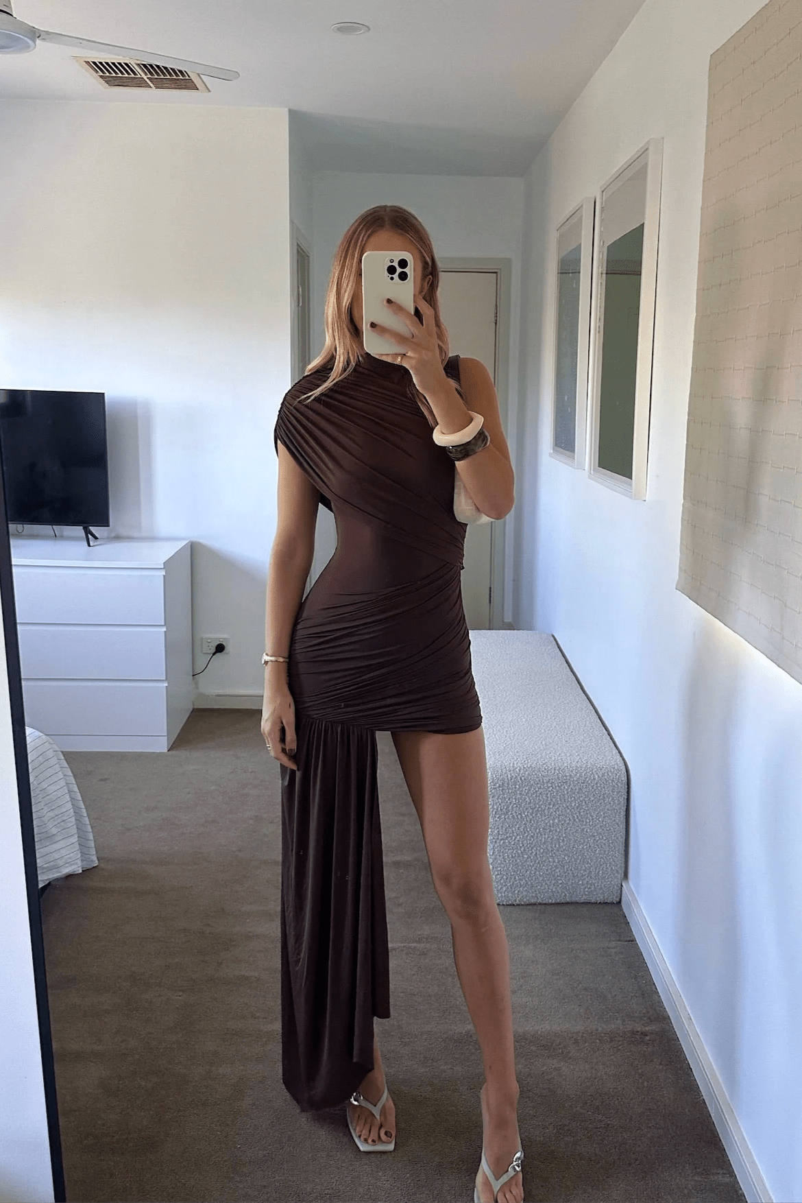 SOKYND Celeste High Neck Ruched Mini Dress DressCoffeeS