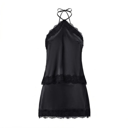 SOKYND Celeste Satin Lace Halter Cami and Mini Skirt Set JumpsuitBlackS