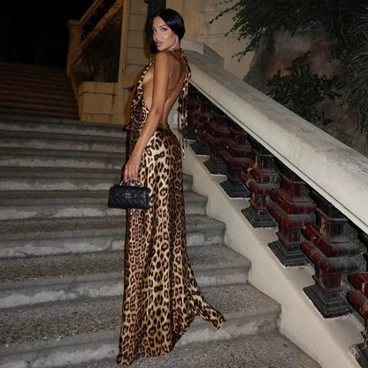 SOKYND Diana Leopard Print Halter Backless Maxi Dress DressLeopardS