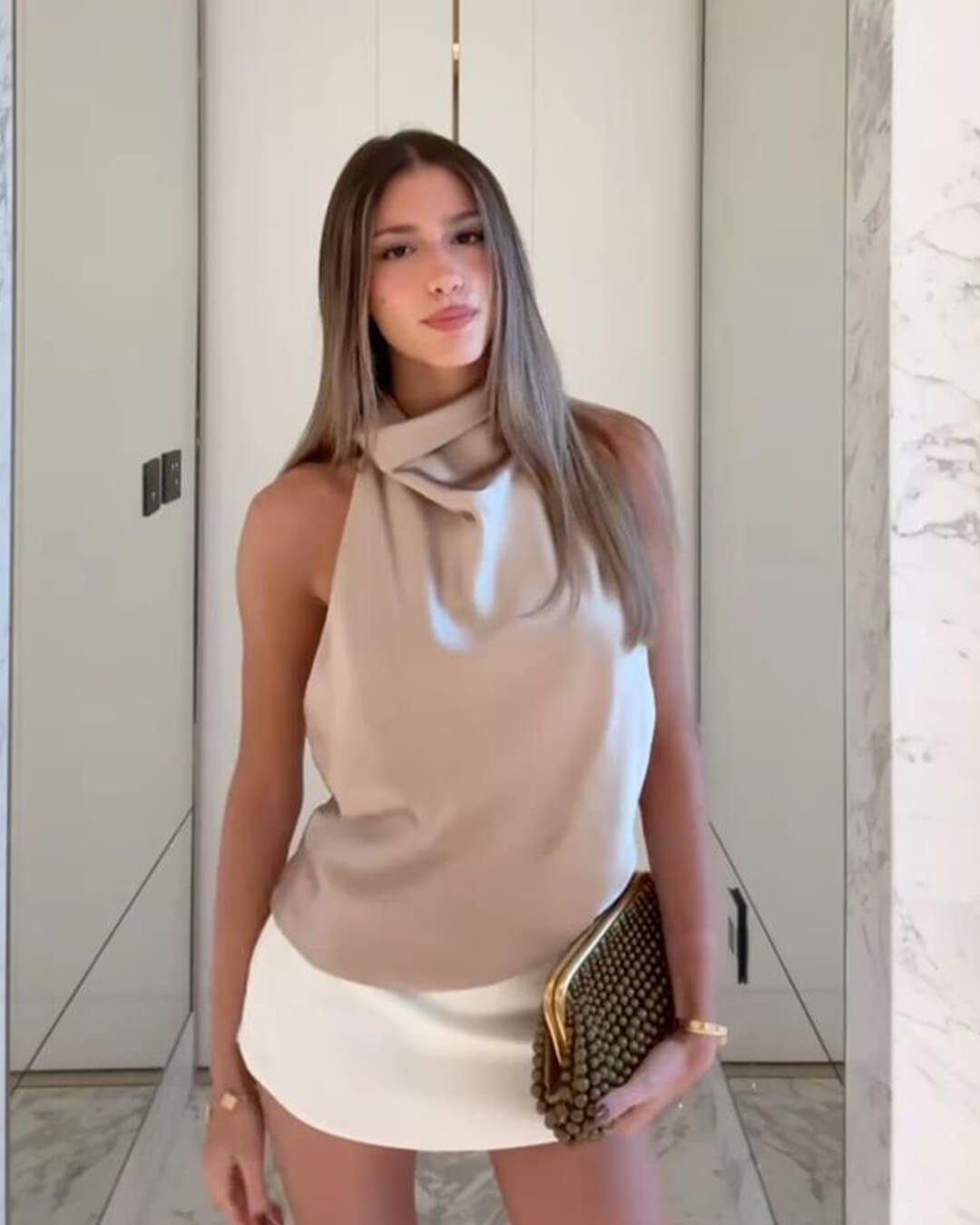 SOKYND Elaine Halter Backless Satin Top TopsCamelXS