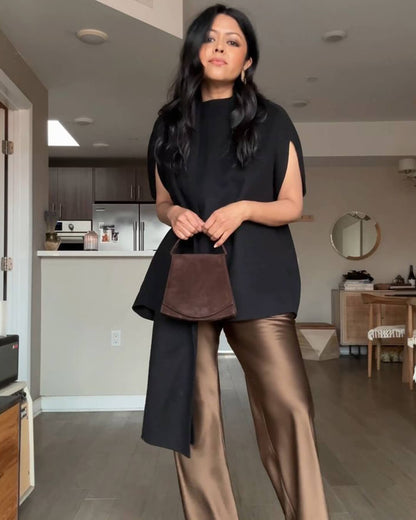 SOKYND Elena Wide Leg Satin Trousers PantsBrownS