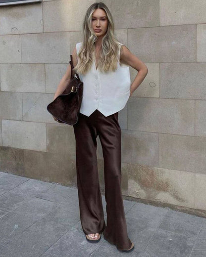 SOKYND Elena Wide Leg Satin Trousers PantsBrownS