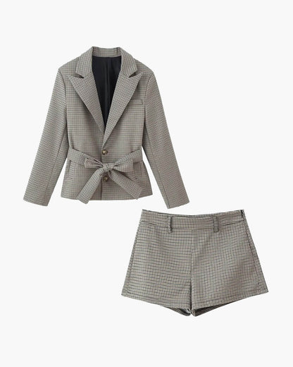 SOKYND Elma Houndstooth Belted Shorts Suit Matching SetsQk1774219786663122219L