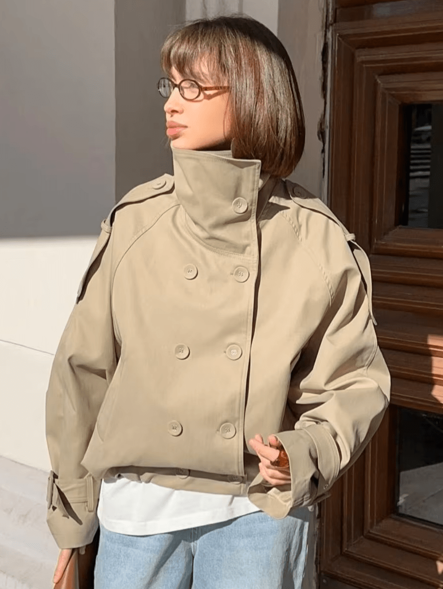 SOKYND Erica High Funnel Neck Cropped Trench Jacket JacketSOKYND-051223-BEI-M-43063BeigeM