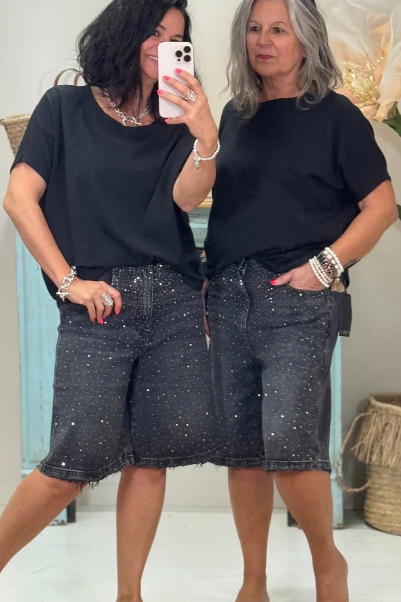 SOKYND Everly Rhinestone Denim Shorts BottomsfU1774905048120342600BlackM