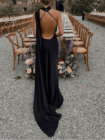SOKYND Felicity Satin Ribbon Backless Evening Gown DressBlackS