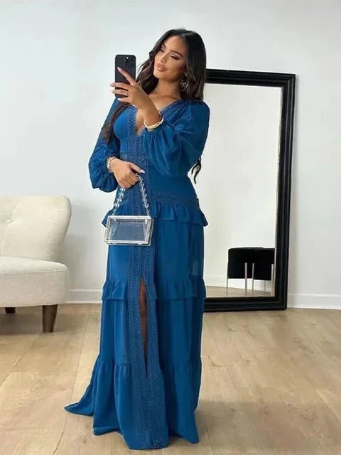SOKYND Gemma Deep V - Neck Ruffle Maxi Dress DressNavy BlueL