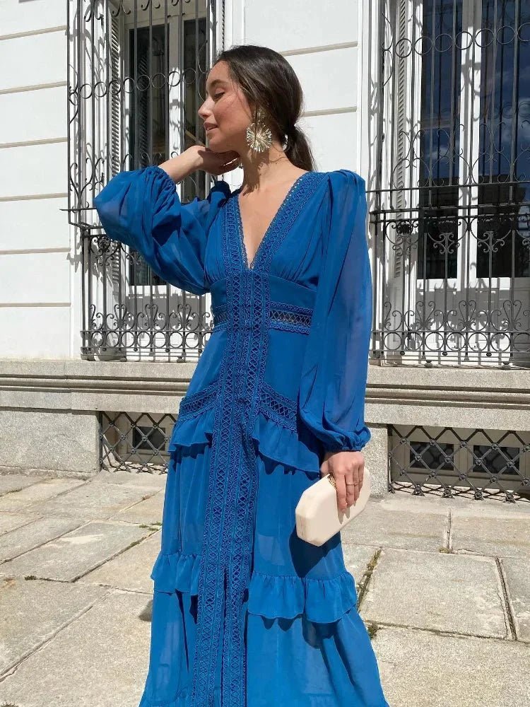 SOKYND Gemma Deep V - Neck Ruffle Maxi Dress DressNavy BlueS