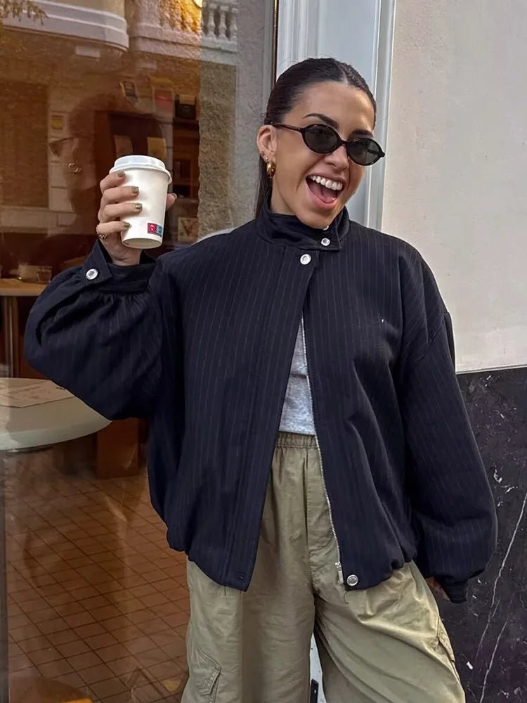 SOKYND Honora Pinstripe Bomber Jacket JacketDark Blue StripeXS