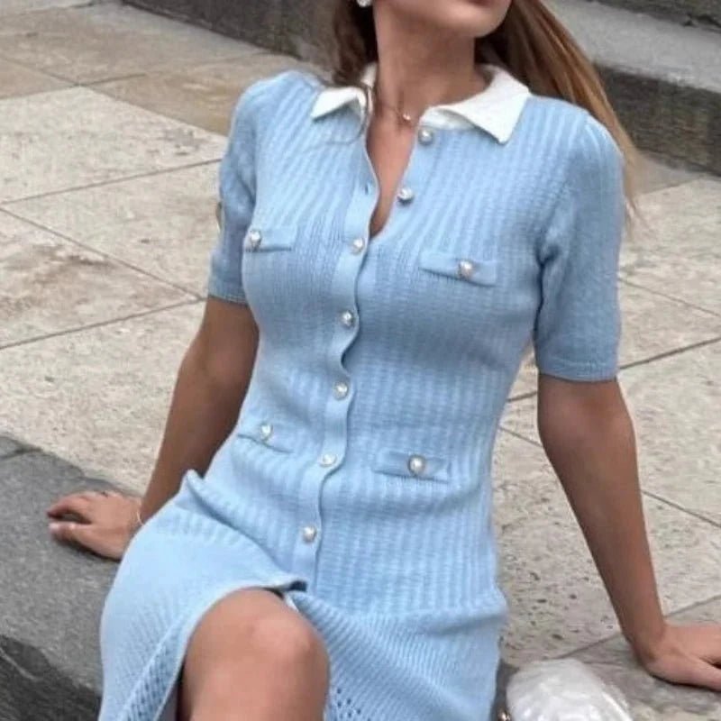 SOKYND Ines French V - Neck Knitted Slit Dress DressLight BlueS