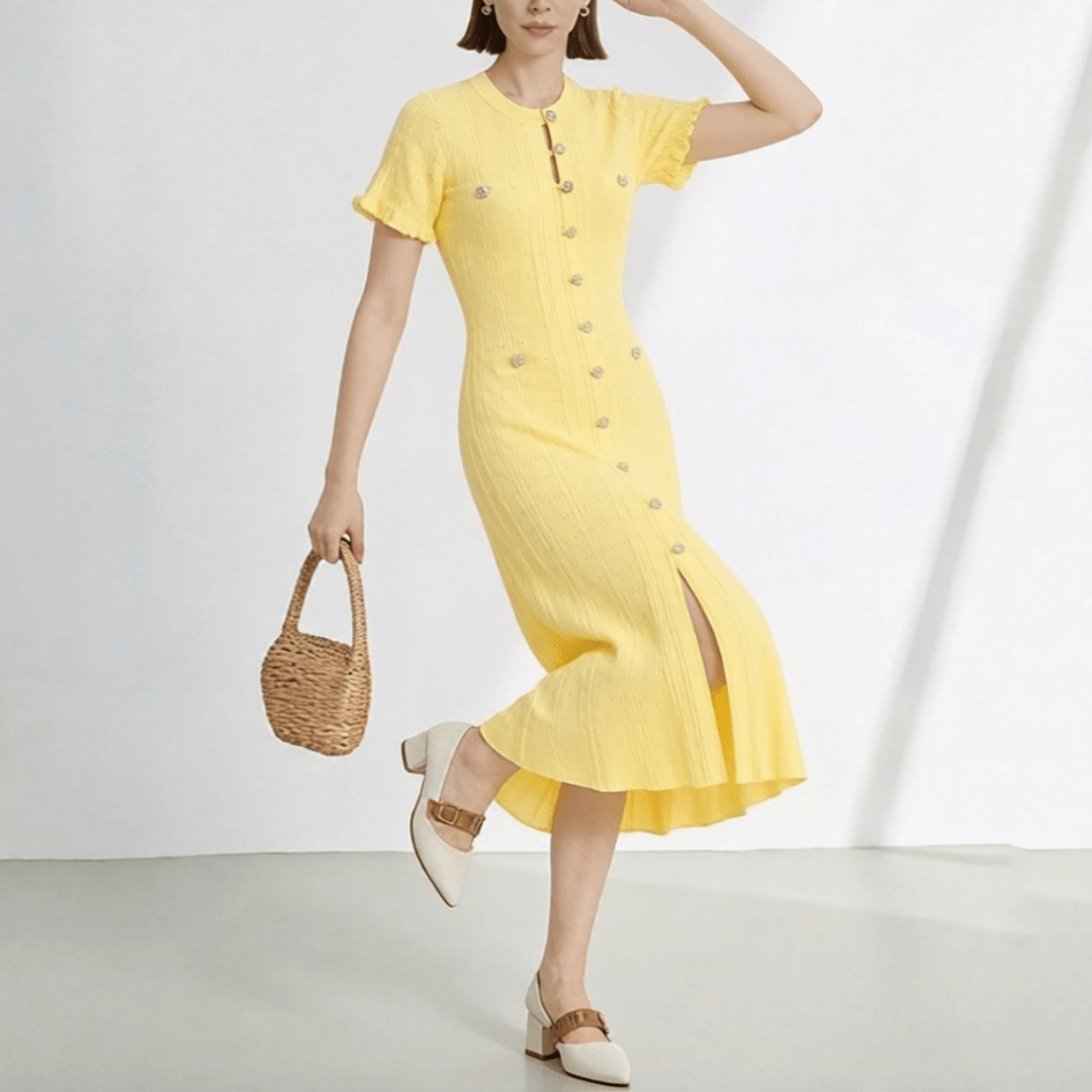 SOKYND Ines French V - Neck Knitted Slit Dress DressYellowXS