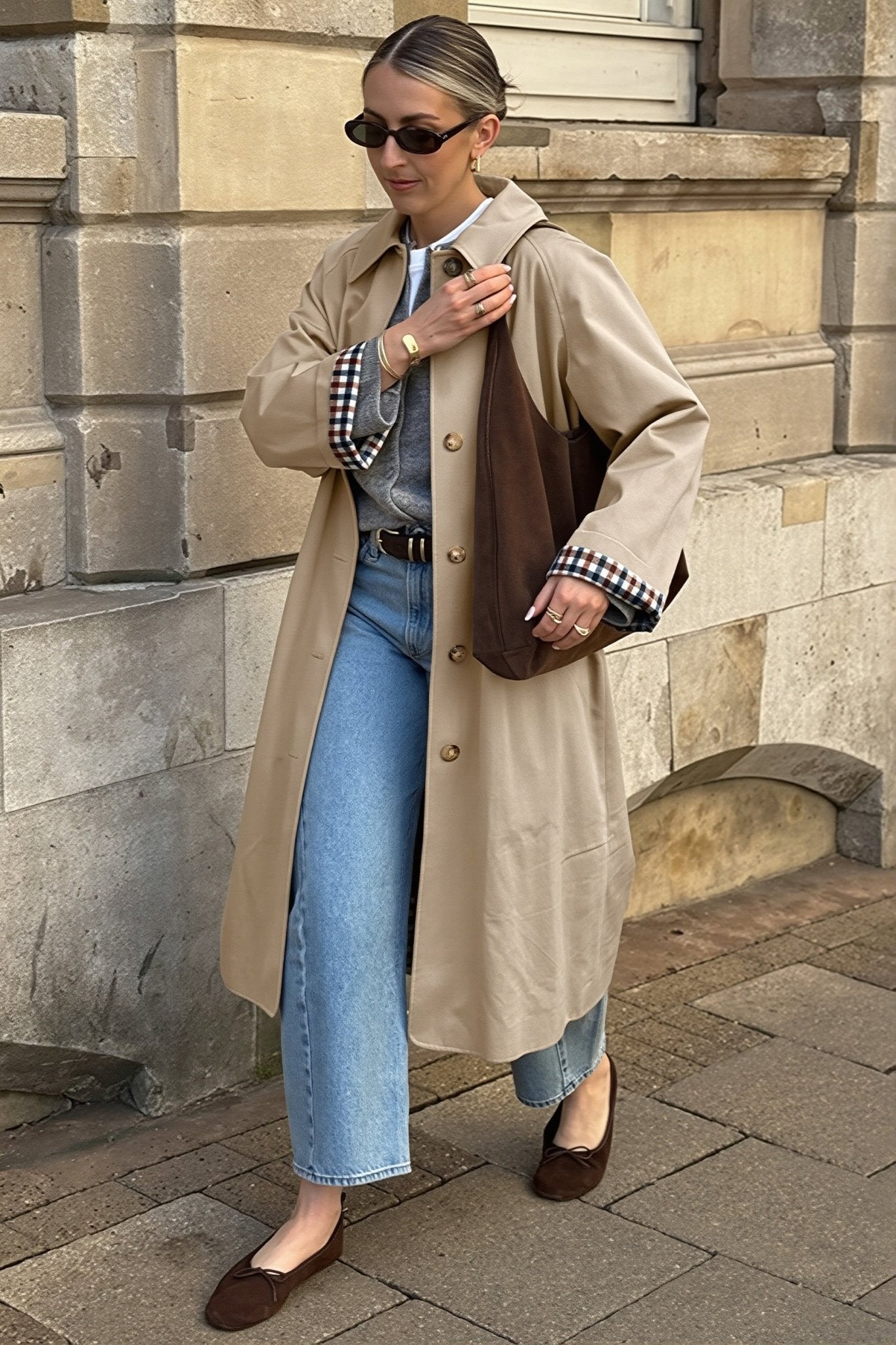 SOKYND Jane Check-Accent Mid Trench Coat CoatSOKYND-663447-BEI-L-30551BeigeL