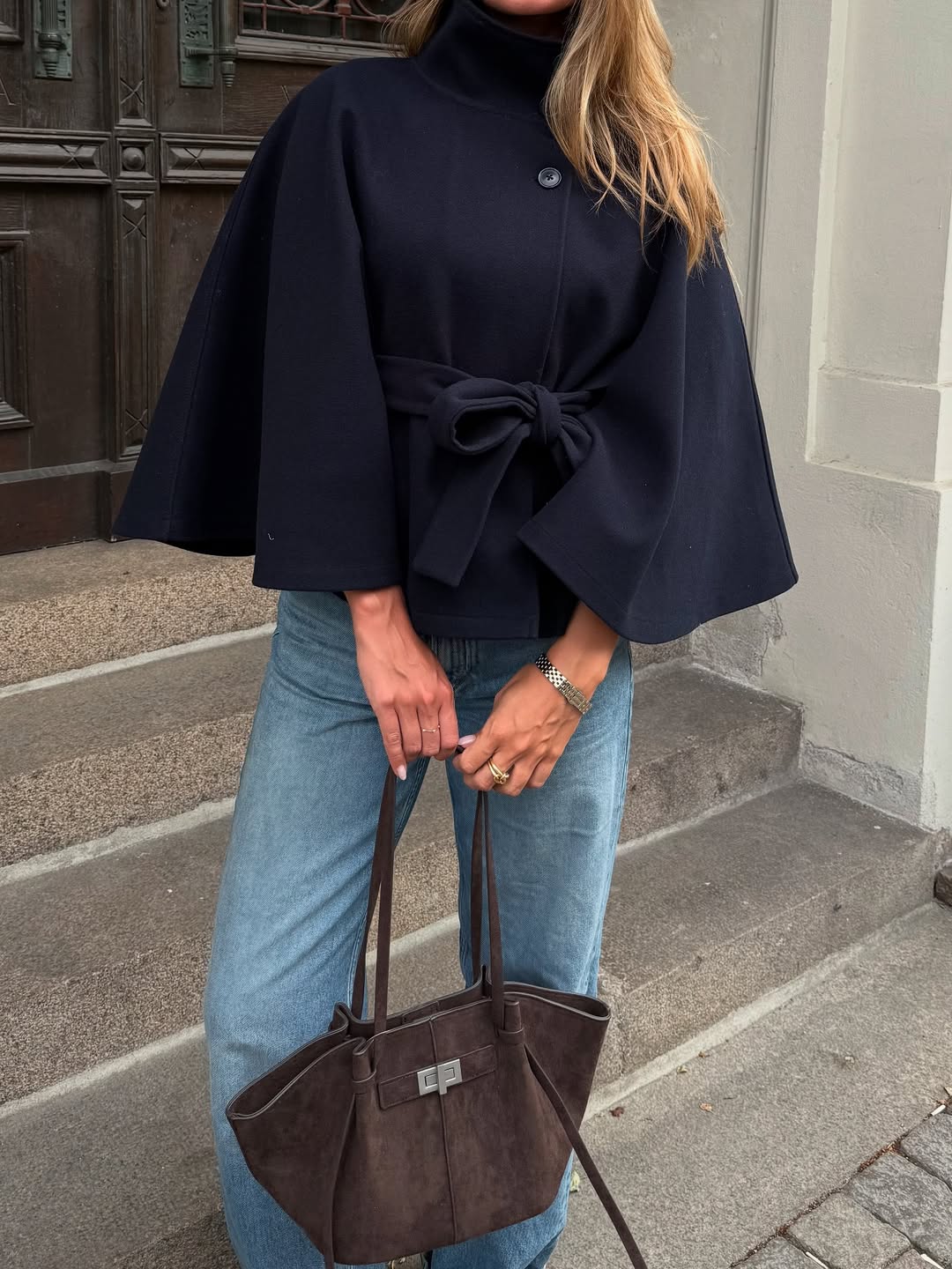 SOKYND Jocelyn Elegant High - Neck Belted Cape Jacket Coats & JacketsBe1767625273839776878NavyS