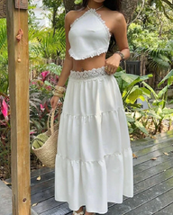 Ensemble jupe superposée Julie à col halter en dentelle