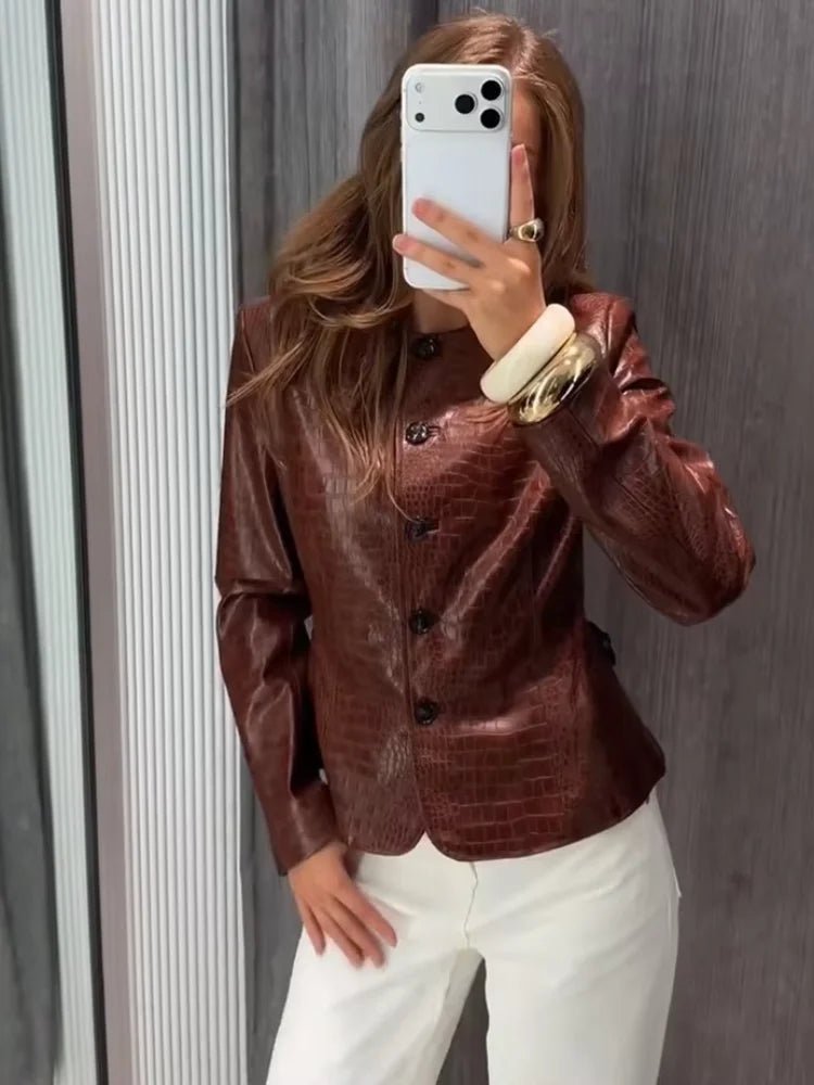 SOKYND Lola Croc Embossed Faux Leather Jacket JacketSOKYND-449943-BRO-S-53143BrownS