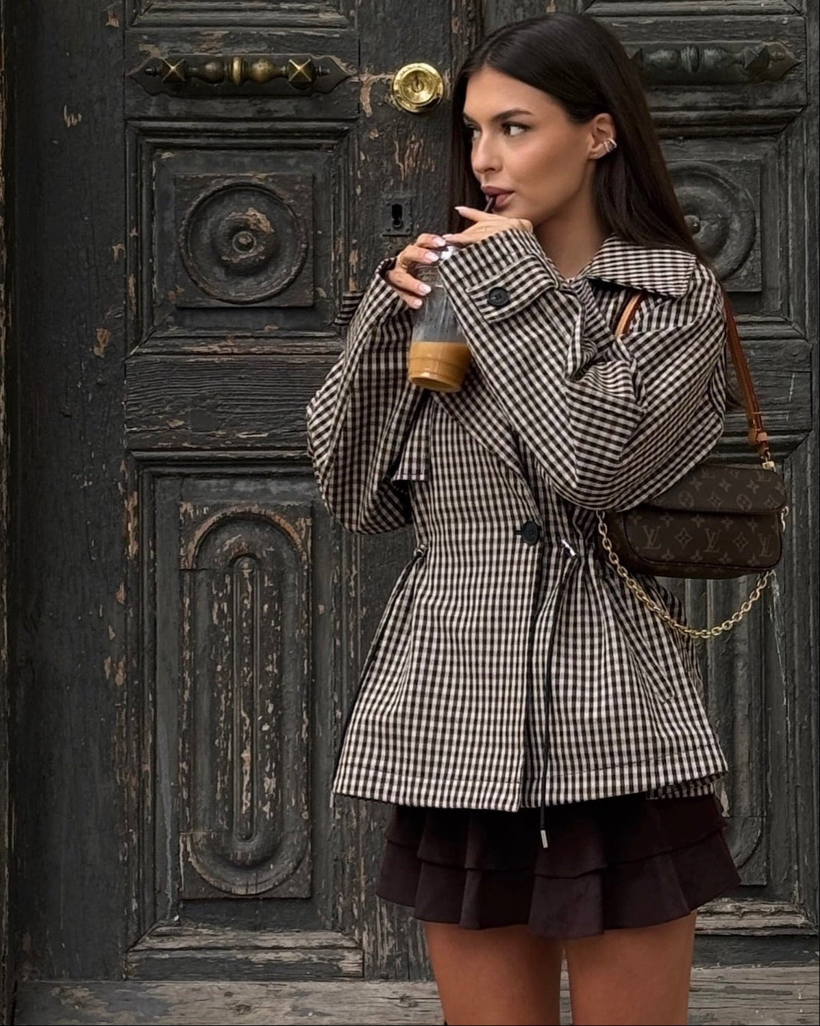 SOKYND Maria Drawstring Gingham Short Trench CoatSOKYND-115607-BEI-XS-34007BeigeXS