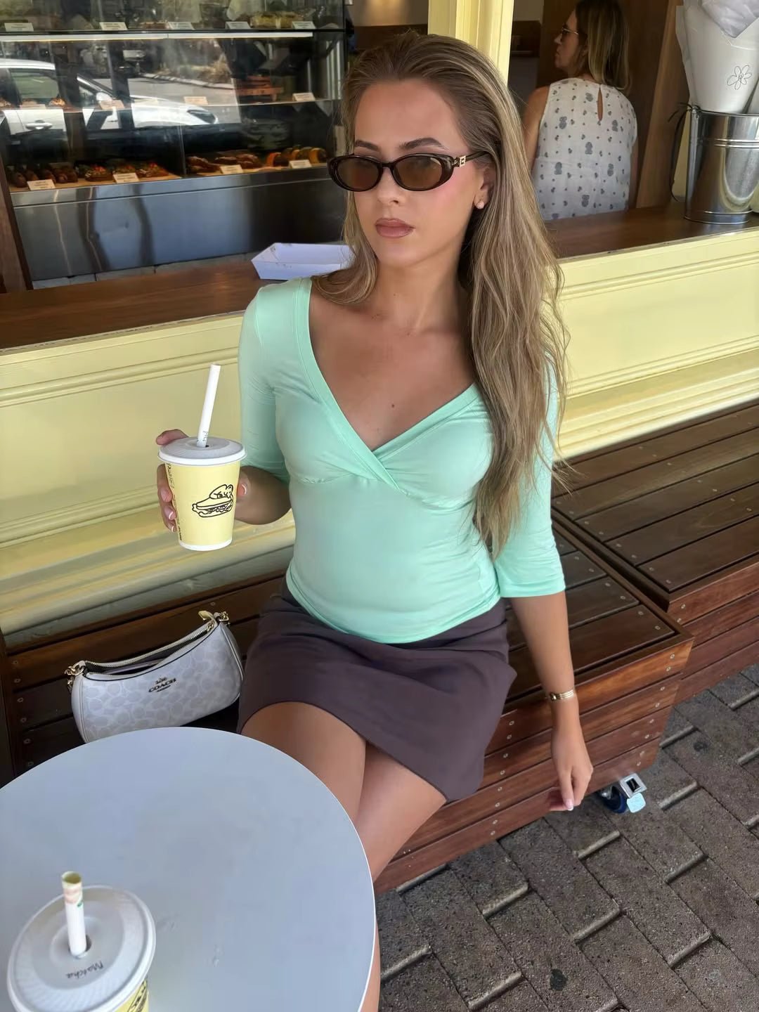 SOKYND Miranda Deep V Midi Sleeve Tee TopsTealS