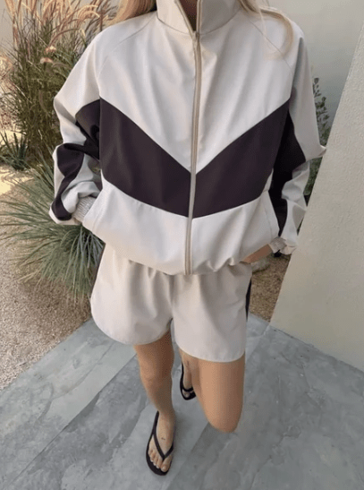 SOKYND Miriam Chevron Windbreaker Shorts Set Matching SetsBrownS