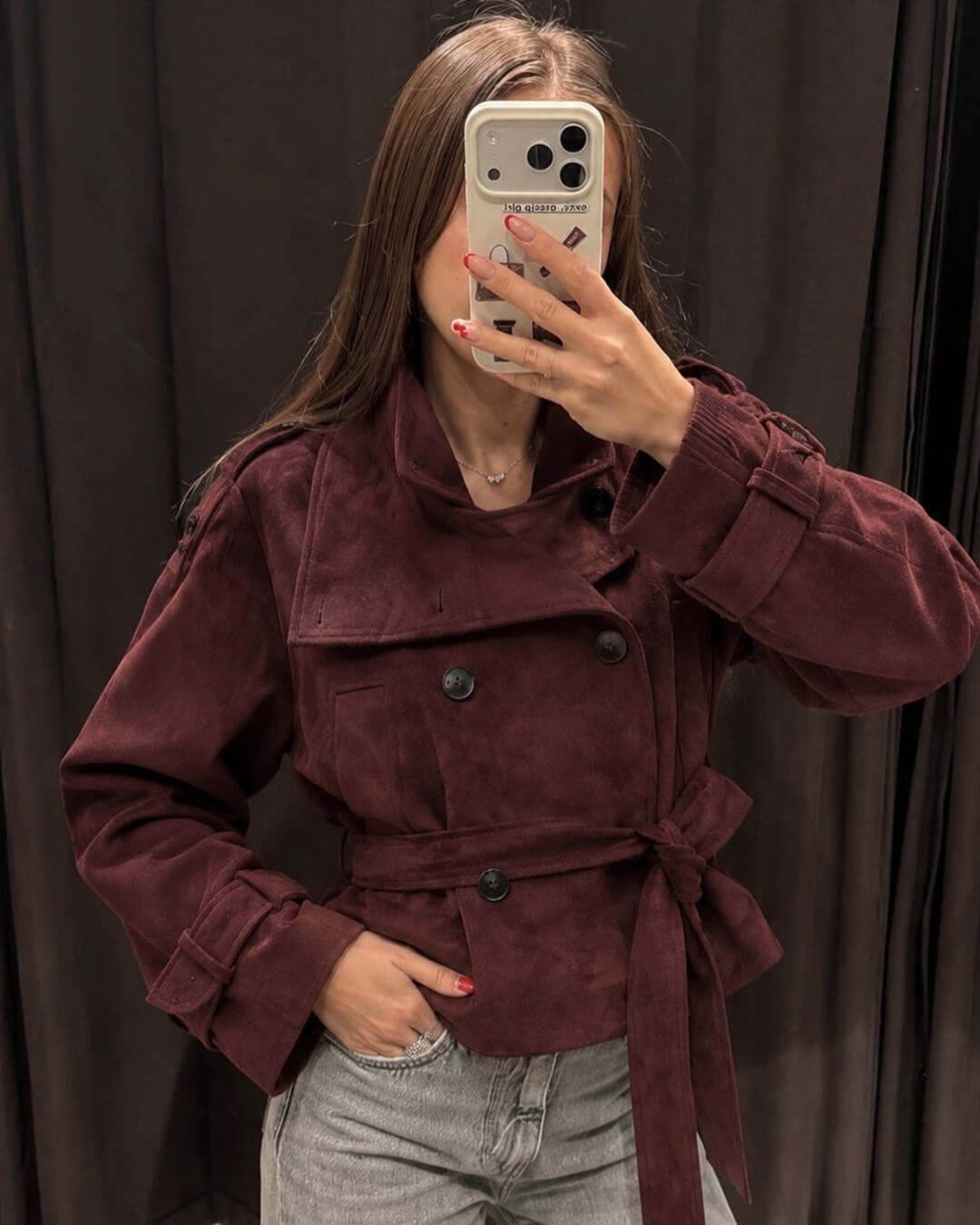 SOKYND Miriam Funnel Neck Faux Suede Belted Jacket JacketSOKYND-822743-BUR-S-91351BurgundyS