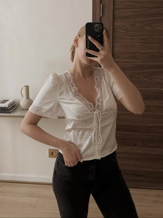 SOKYND Myrna Satin Lace Blouse TopsBeigeL