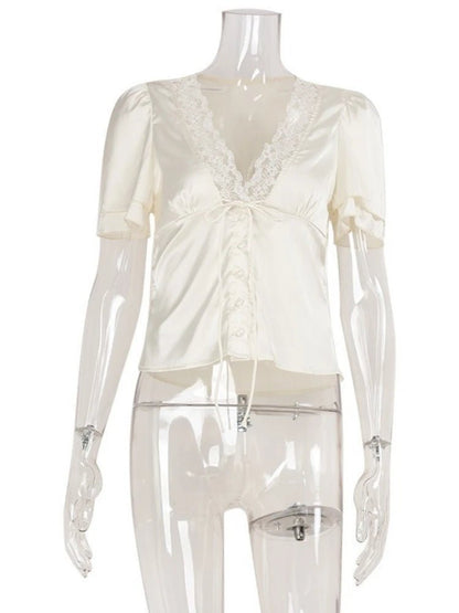 SOKYND Myrna Satin Lace Blouse TopsPeachS