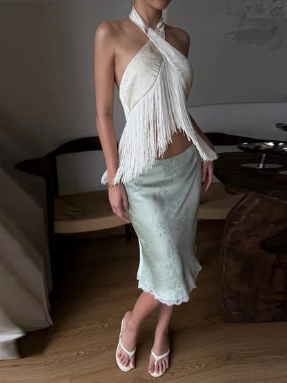 SOKYND Nadia Satin Fringed Halter Top TopSOKYND-674327-WHI-S-37079WhiteS