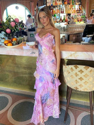 Robe longue sans manches Nancy à volants