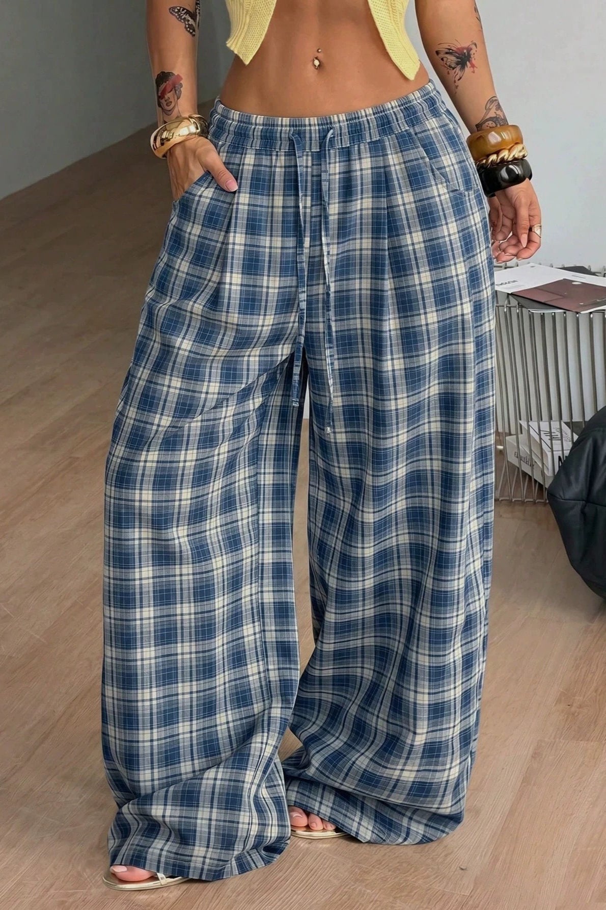 SOKYND Naomi Drawstring Wide Leg Plaid Pants PantsSOKYND-172119-BLU-M-78967BlueM