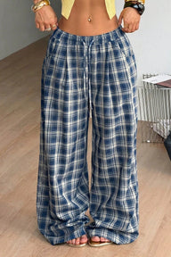 Pantalon Naomi large à carreaux avec cordon