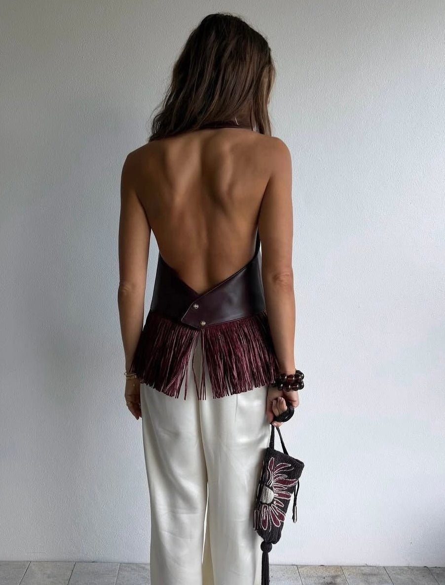 SOKYND Nicole Faux Leather Fringe Halter Top TopSOKYND-728535-BUR-S-64951BurgundyS