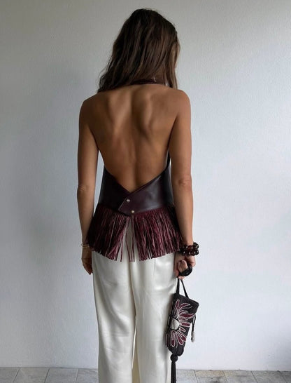 SOKYND Nicole Faux Leather Fringe Halter Top TopSOKYND-728535-BUR-S-64951BurgundyS