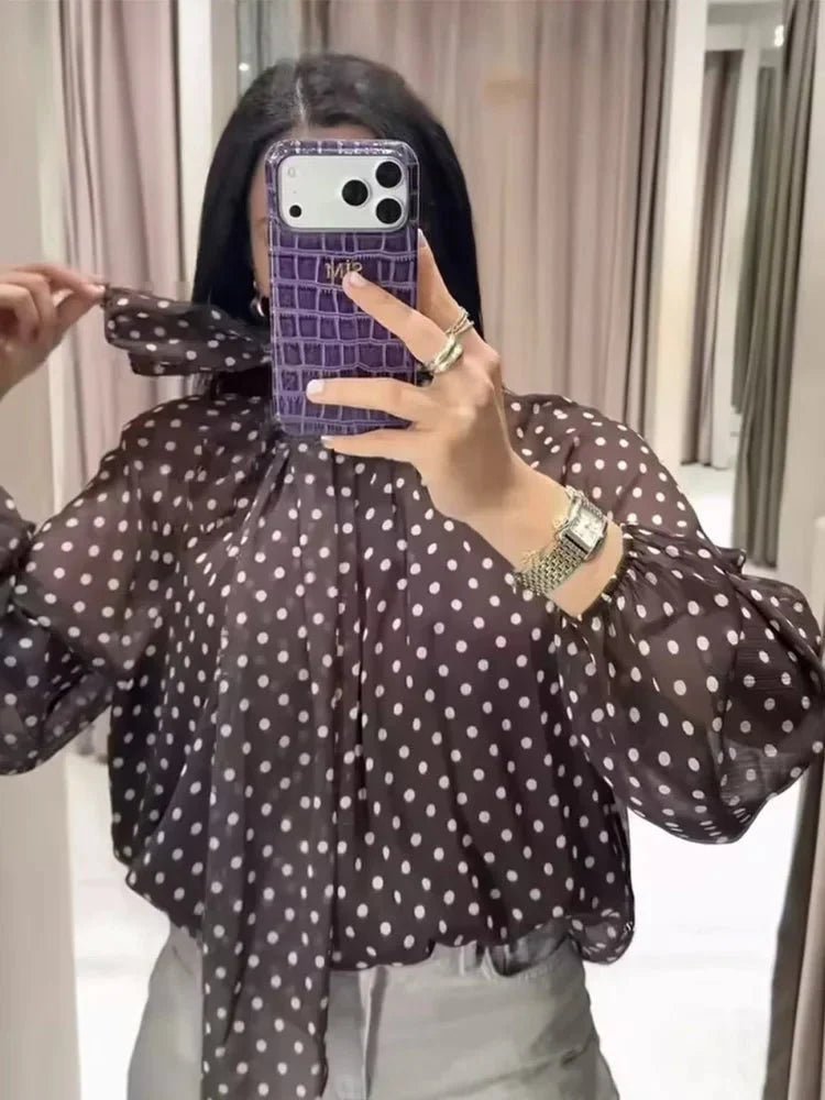 SOKYND Nyla High Collar Polka Dot Blouse TopsBrownS