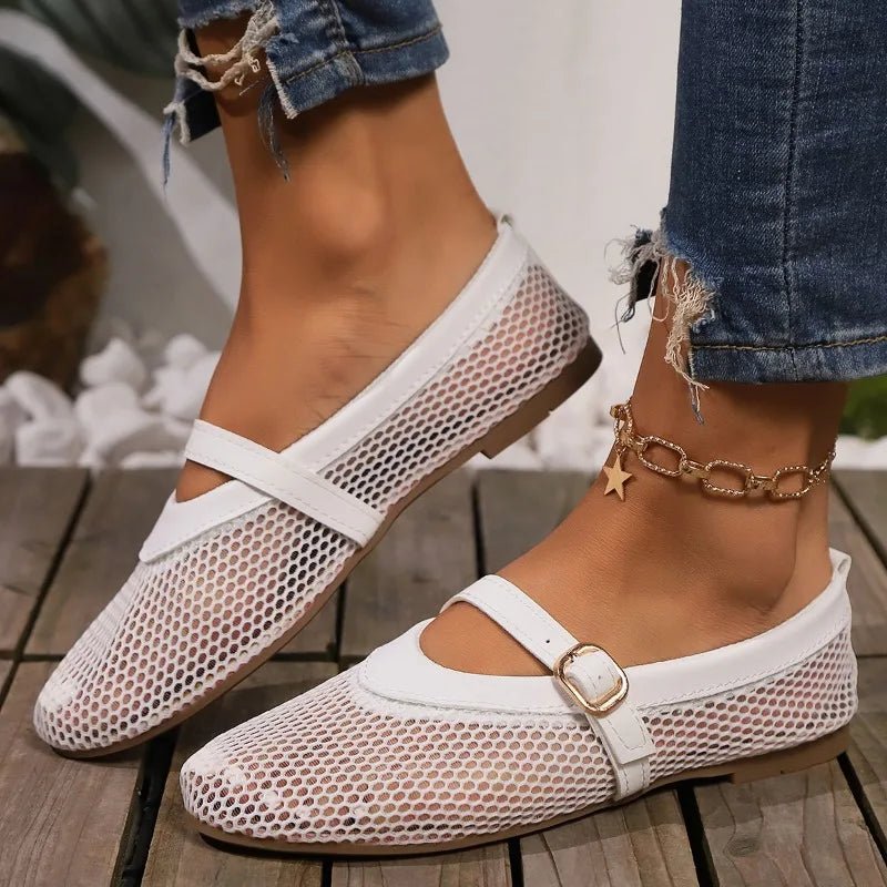 SOKYND Octavia Mesh Strap Ballet Flats ShoesWhite35