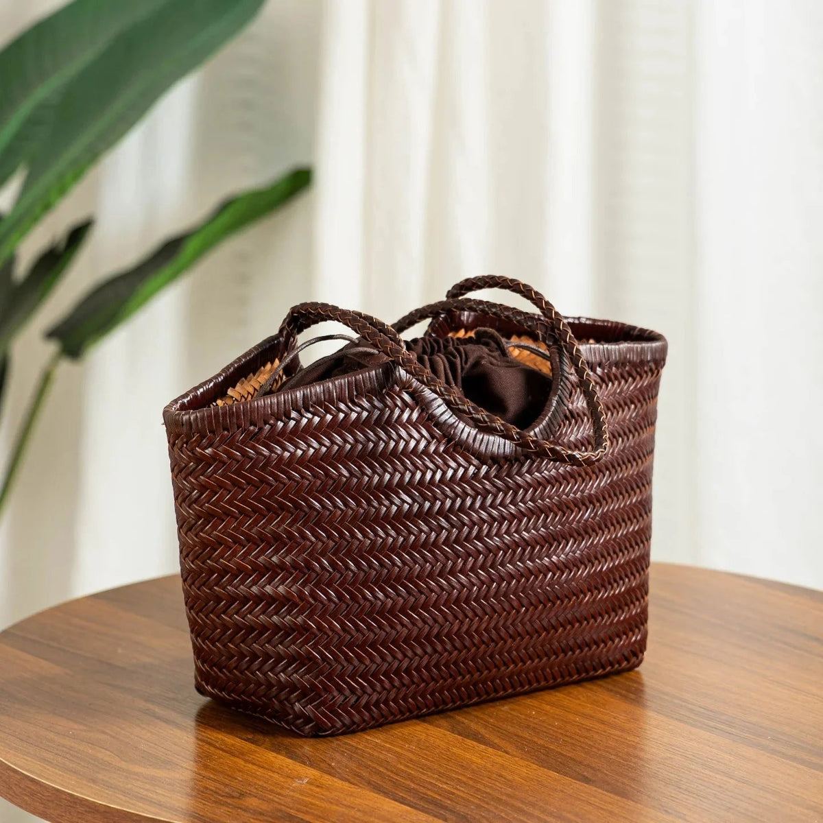 SOKYND Petra Handwoven Leather Tote Bag BagsBrownL
