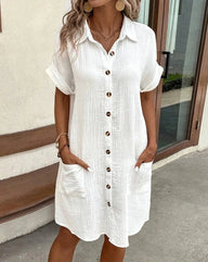 Robe courte en coton et lin à col en V Polina