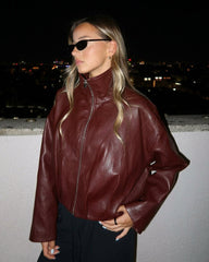 Rose Veste Biker en Simili Cuir à Col Entonnoir