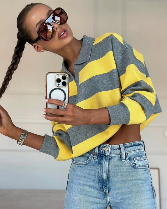 SOKYND Sabine Striped V - Neck Knit Pullover TopM