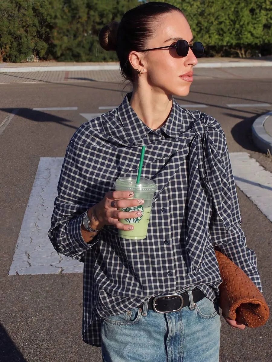 SOKYND Sabrina Plaid Scarf-Tie Shirt BlouseSOKYND-228247-NAV-L-82519NavyL