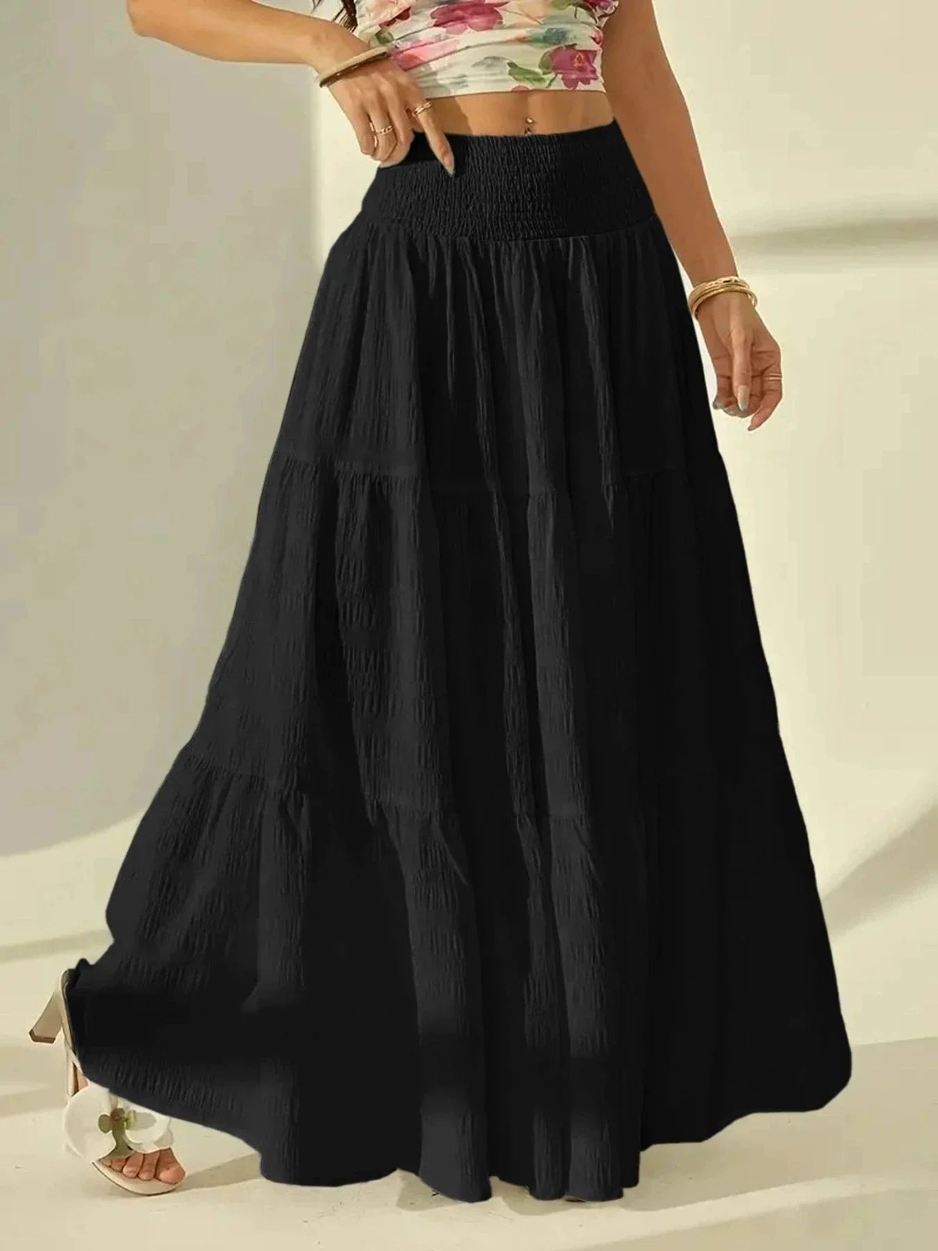 SOKYND Sienna Tiered Maxi Skirt Elastic Waist BottomsBlackM