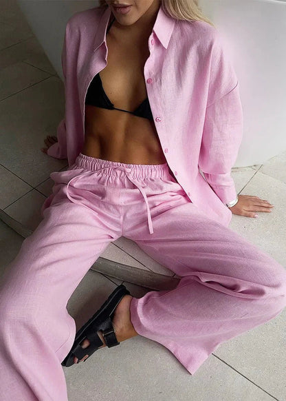 SOKYND Simona Cotton Lounge Set Button - Up Wide Pants Matching SetsM