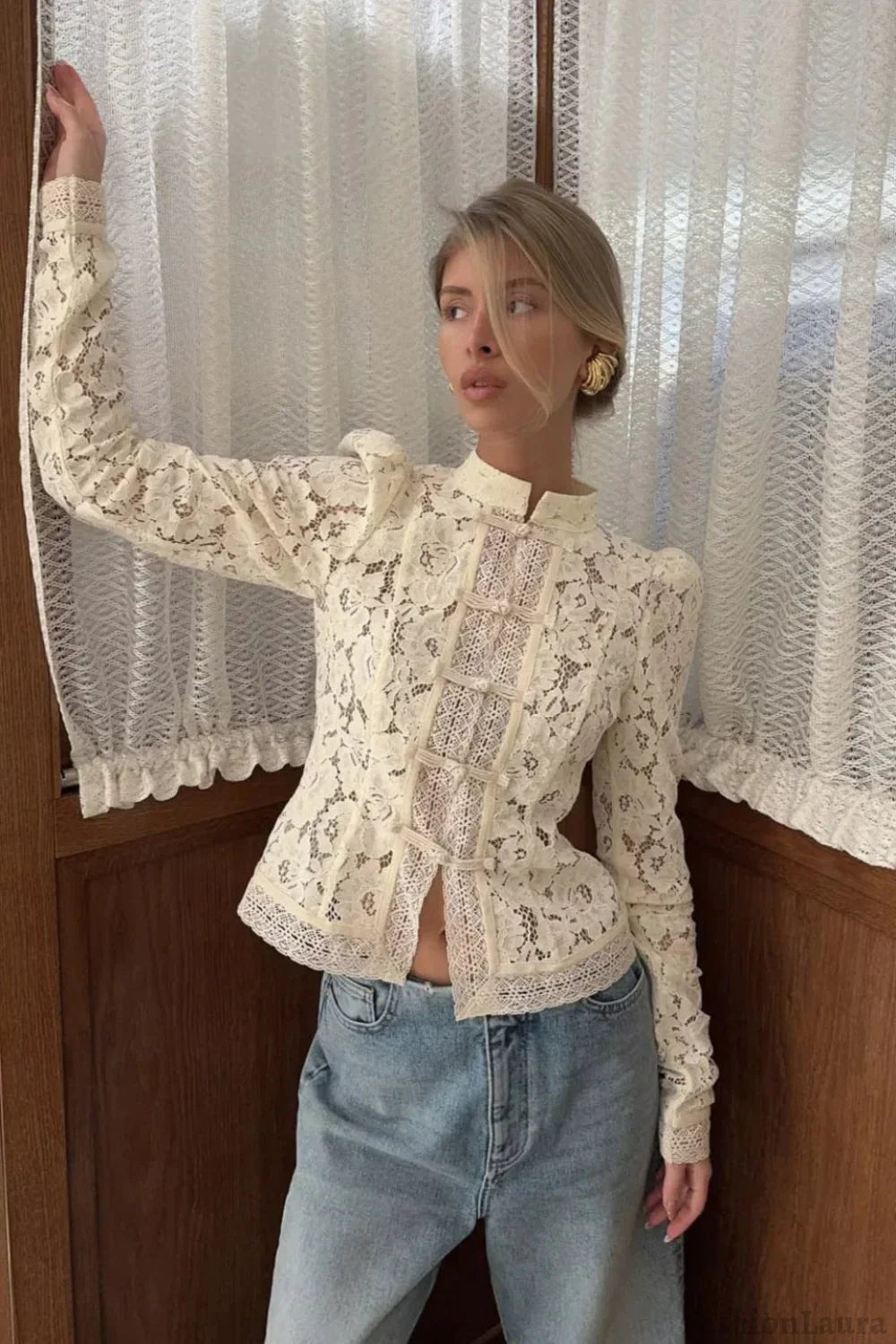 SOKYND Venya Elegant Lace Blouse TopsBeigeS