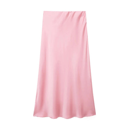 SOKYND Yui High Waist Black Satin Midi Skirt SkirtPinkXS